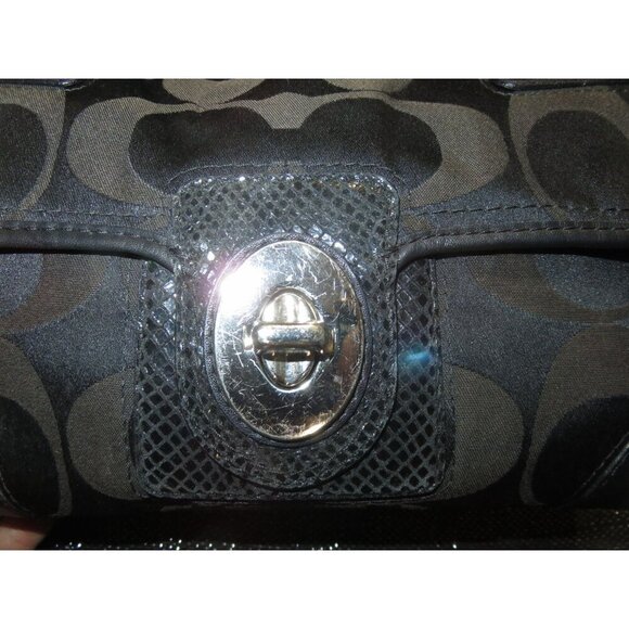 COACH Peyton Black Snake Embossed Leather and Signature Sateen Turnlock Flap Bag - Picture 11 of 13